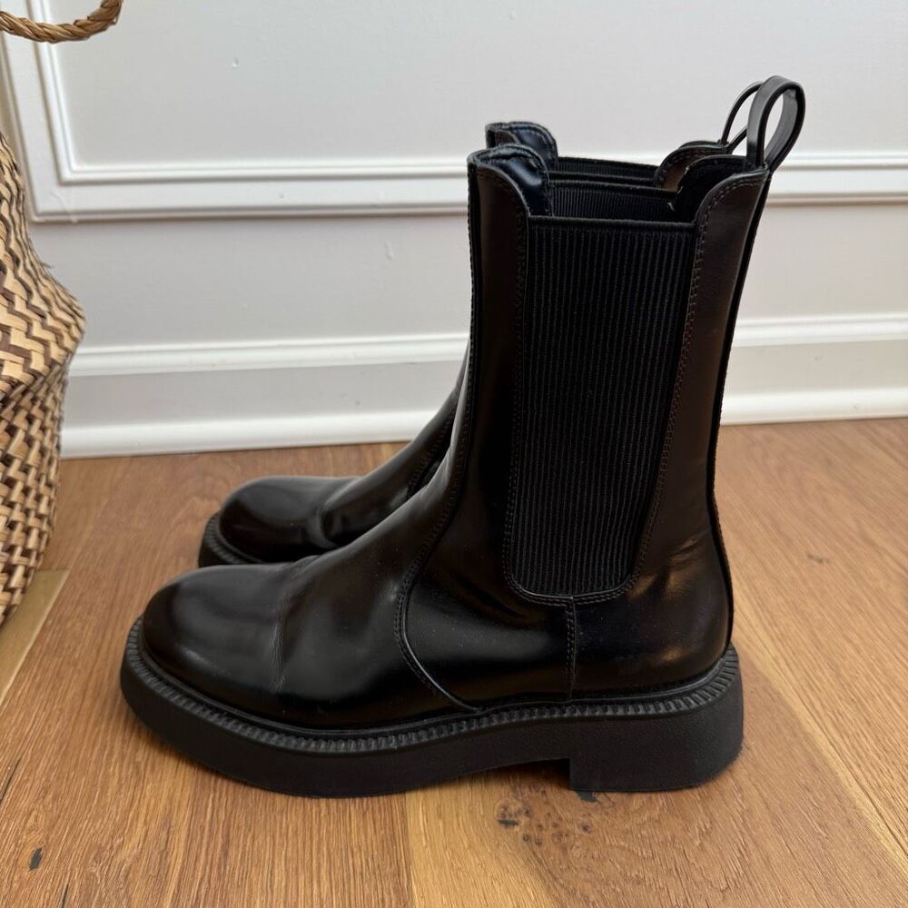 Zara Faux Patent Leather Chelsea Boots Black Block Heel 38 7.5 - Picture 2 of 10